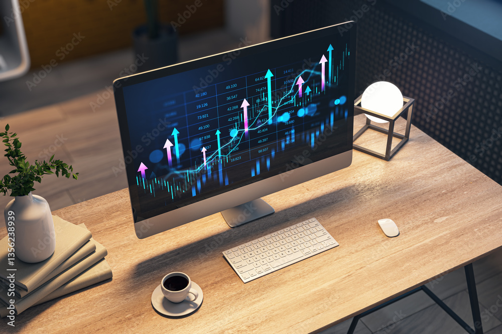 Poster financial market data on computer screen in modern office desk setup. 3d rendering