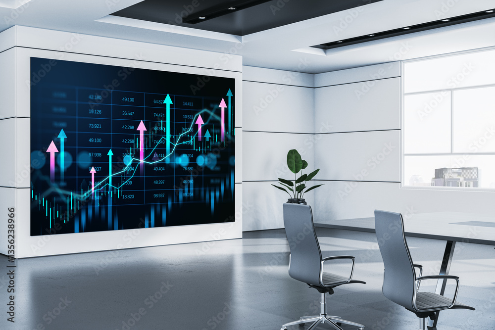 Poster digital financial market data on a large screen in a modern conference room. 3d rendering