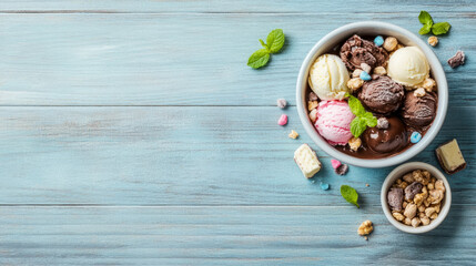 Summer Indulgence: Scoops of Delightful icecream on a Vintage Aqua Wood Surface