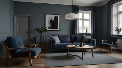 Modern Living Room with Blue Walls Wooden Furniture Coffee Table and Plants
