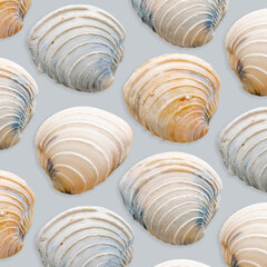 Minimal style pattern seashells ivory blue colored on pale blue background. Natural Shells of mollusk, summer nautical life style, beauty nature, organic shapes, repeat composition, pastel color