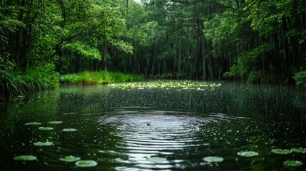 A soft drizzle creating ripples in a pond