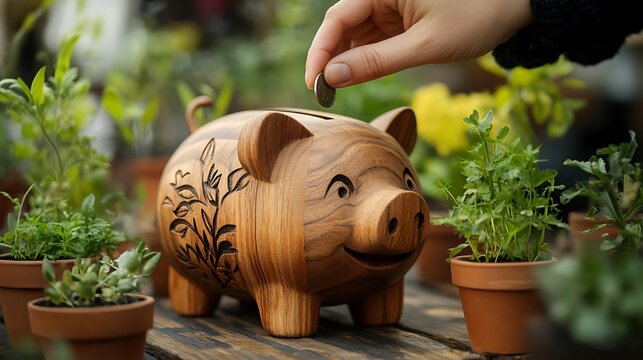 A wooden piggy bank carved from reclaimed wood, a person’s hand inserting a coin, with small potted plants surrounding the scene, sustainable savings and conscious money management, photorealistic,
