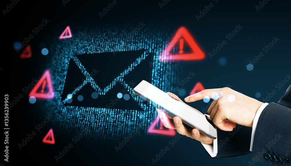 Poster cybersecurity email phishing warning with digital mail icon and alert symbols.