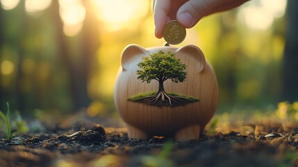 A wooden piggy bank with a small tree carved on its side, a hand inserting a coin, symbolizing responsible financial habits and environmental awareness, soft golden sunlight, ultra-HD,