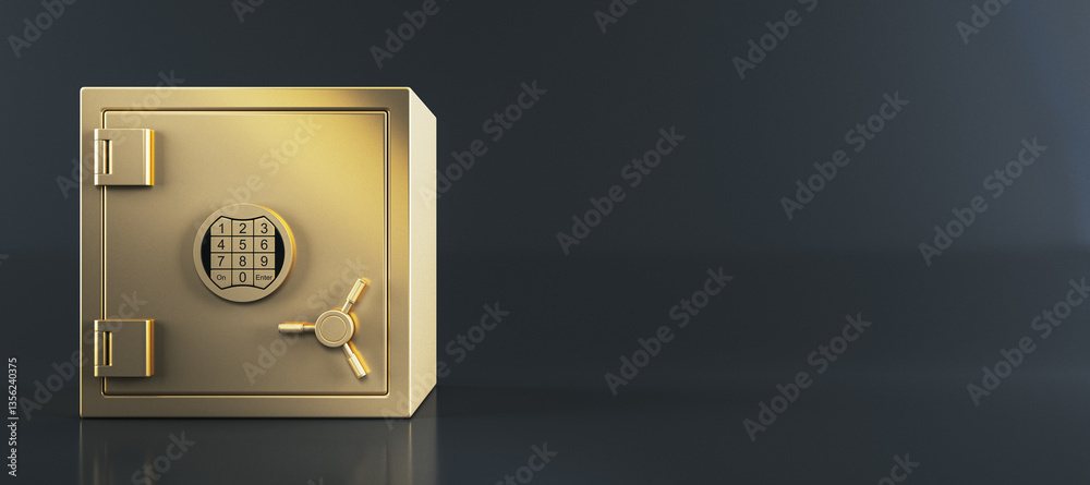 Poster golden safe vault on dark background. 3d rendering