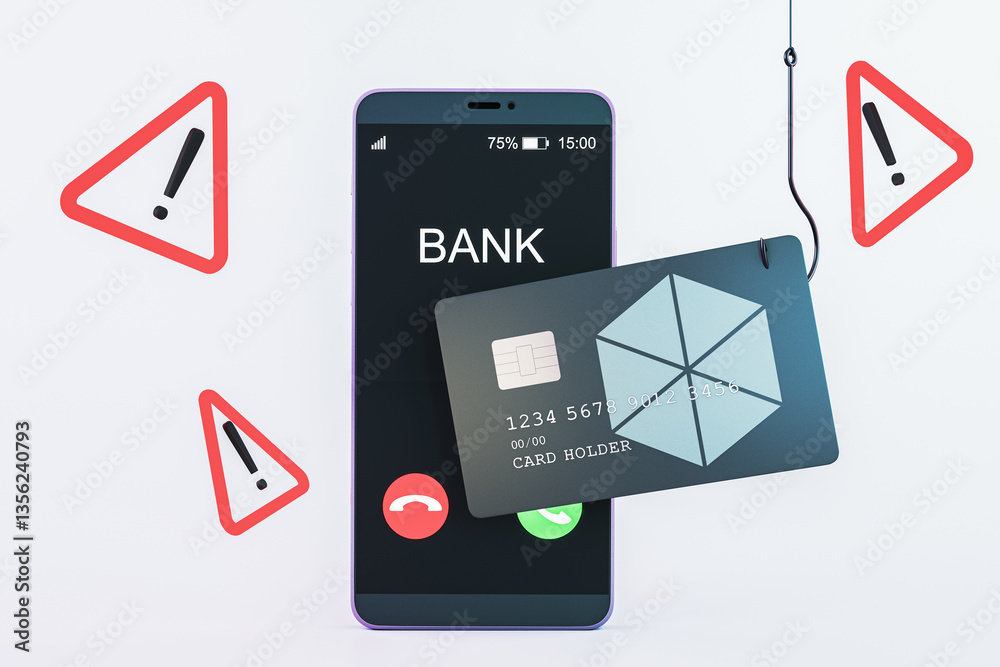 Poster digital phishing concept with smartphone and credit card on hook. 3d rendering