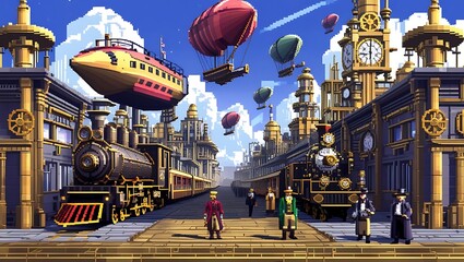 pixel art airships floating in the sky, steam-powered trains, and massive clock towers with golden gears. and citizens in Victorian outfits walk around carrying mechanical gadgets.