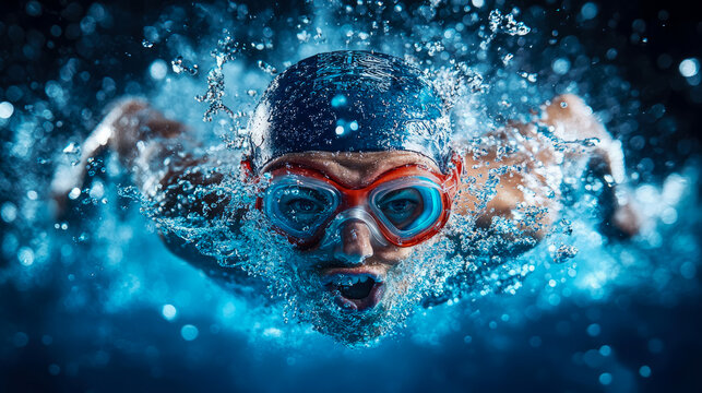 Dynamic shot of a swimmer in action, submerged underwater, surrounded by splash