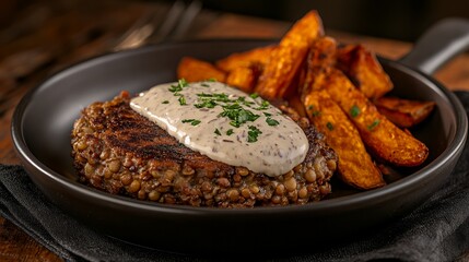 spiced lentil patty with vegetables and garnish on plate