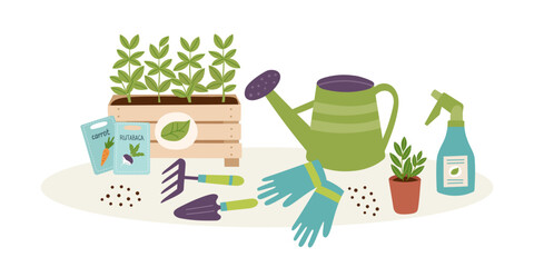 Gardening concept banner with seedlings, seeds and garden equipment on white. Spring, gardening, farming and greening concept. Vector hand drawn background.