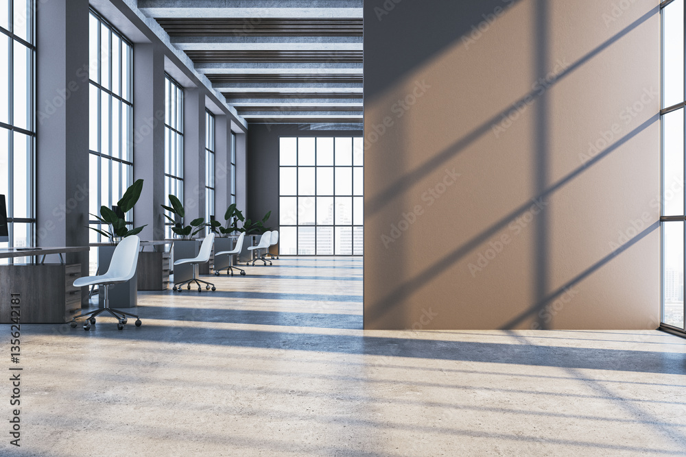 Poster modern spacious office interior with large windows and workstations. 3d rendering