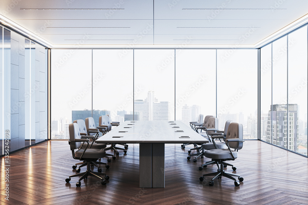 Poster modern conference room with large table and chairs in high-rise office building. 3d rendering