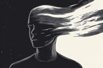 Depressed Man. Depression and Anxiety Concept. Black and White Illustration. Copy Space.