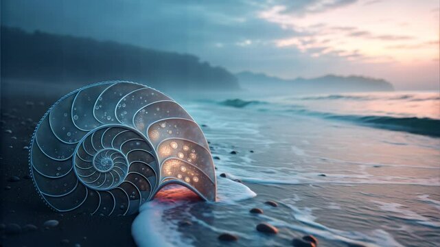 a glowing shell lies on the seashore, quiet waves roll onto the shore, evening