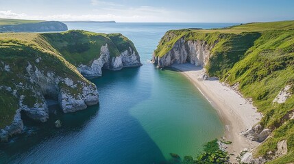 Obraz premium Aerial view of a secluded beach cove surrounded by lush green cliffs