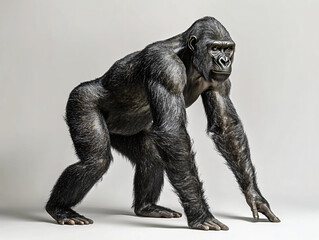 Fototapeta premium Realistic slender gorilla full body standing strong arms defined muscles upright posture calm expression isolated background wild primate mammal powerful stance lean frame natural wildlife portrait