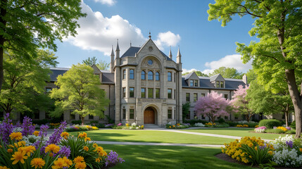 Beautiful School Building Surrounded by Lush Trees and Colorful Spring Flowers