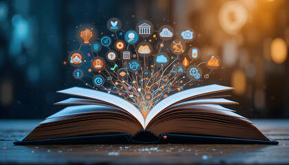Open Book with Glowing Digital Knowledge Icons Representing Education and Technology

