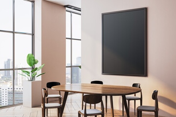 Modern dining room with black frame mockup on wall. 3D Rendering