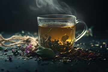 Steaming cup of herbal tea on dark surface with dried flowers and leaves