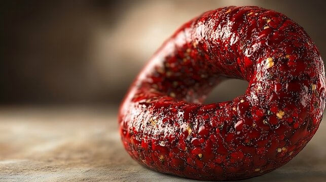 Abstract red textured torus on surface.