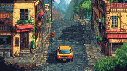 Fototapeta premium Vibrant Pixel Art Scene Depicting a Serene Street with Colorful Buildings, Lush Trees, and a Classic Car in a Quaint Village Setting