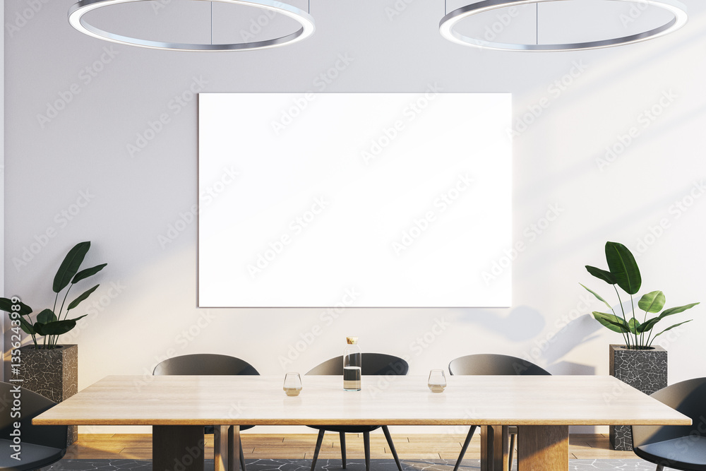 Poster Modern dining room with blank canvas on wall. 3D Rendering