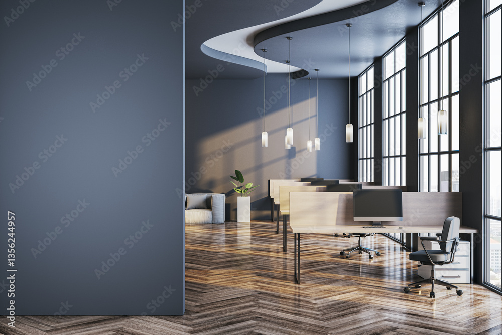 Poster modern office interior with workstations and large windows. 3d rendering