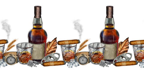 Seamless border with whiskey, cigars, ice, and accessories. Suitable for packaging, design, advertising, and printing. Elegant masculine style.