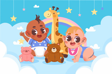 Cute babies and rainbow Background