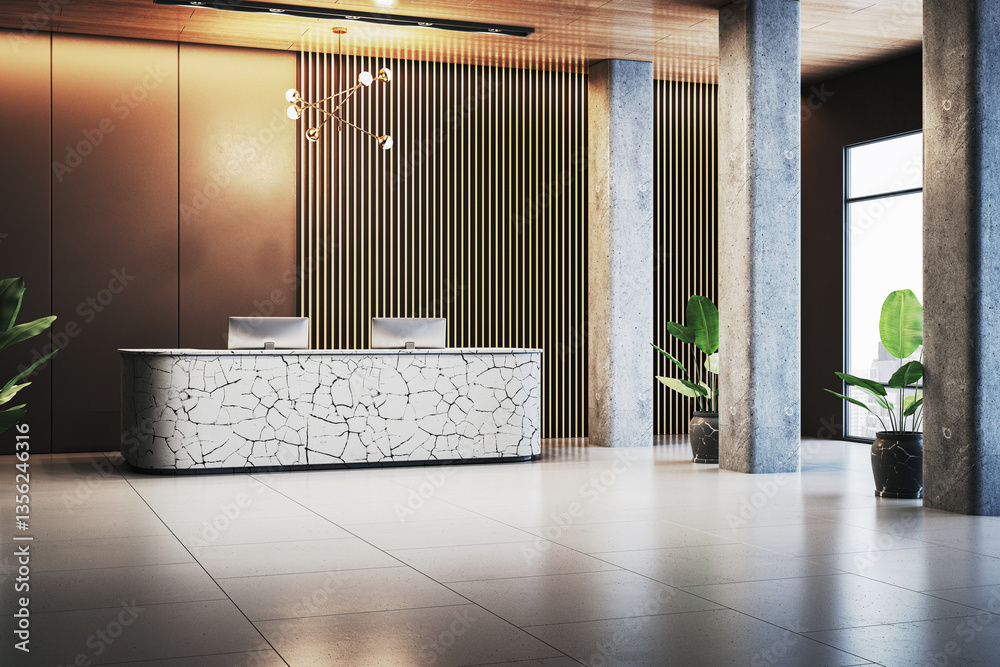 Poster modern reception desk in a luxury office lobby interior. 3d rendering