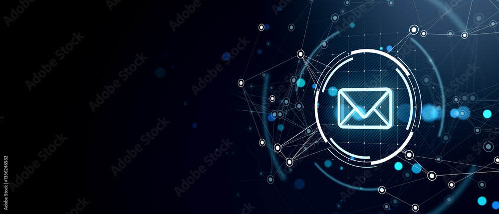 Wall mural neon email icon with network connections on dark digital background. 3d rendering