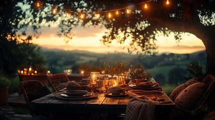 A breathtaking farmhouse-inspired outdoor dining experience, a reclaimed wood table set for an intimate meal, bohemian-style woven chairs with cozy throw blankets,