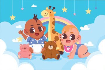 Cute babies and rainbow Background