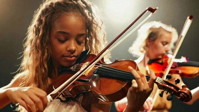 Close-up video shot of two young violinists performing on stage, highlighting their expressions and passion in a warm, softly lit atmosphere.