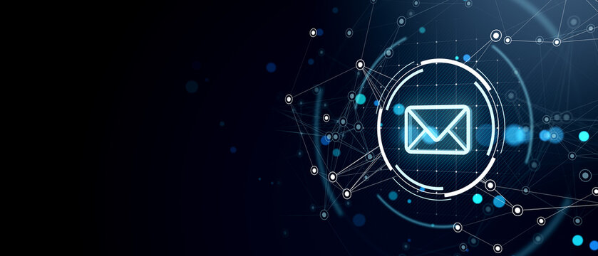 Neon email icon with network connections on dark digital background. 3D Rendering