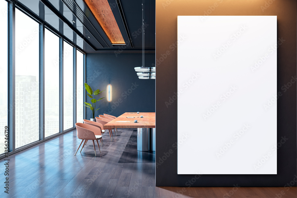 Poster modern conference room with large blank vertical canvas on dark wall. 3d rendering