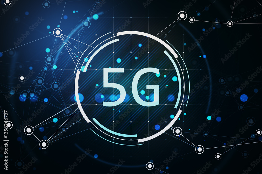 Poster Futuristic 5G digital network technology with glowing neon elements on a dark background. 3D Rendering