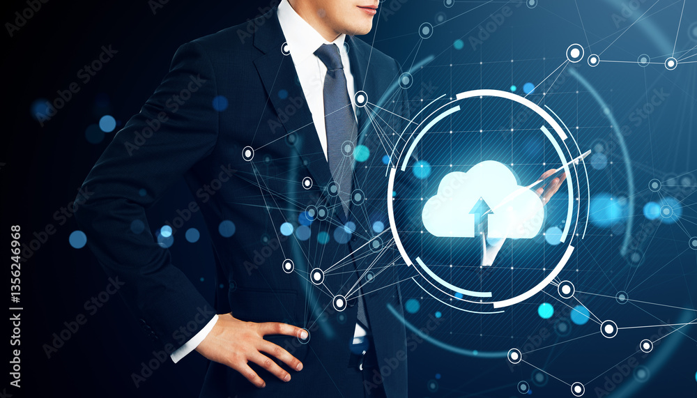 Aufkleber Businessman with cloud computing hologram and connected network in cyberspace.