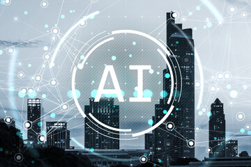 AI technology concept with digital network connections over modern cityscape.