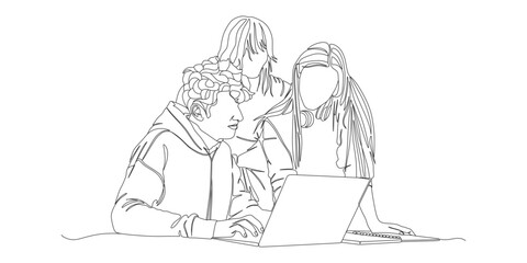 Teamwork and Collaboration – Continuous Line Art of Students Working on a Laptop