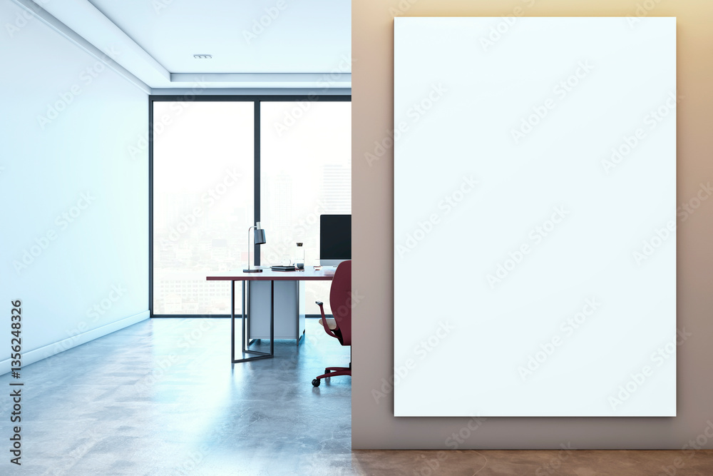 Poster modern office interior with large blank canvas on the wall. 3d rendering