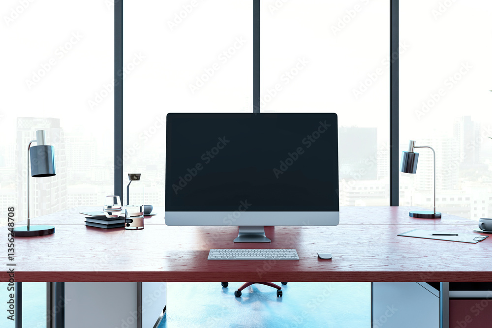 Poster Modern executive office with large desk and computer screen. 3D Rendering