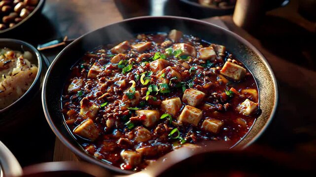 Mapo tofu, a Chinese delicacy, close-up