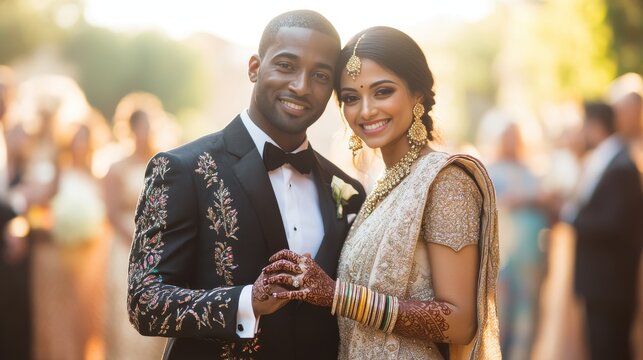 A radiant bride and groom share a tender moment on their wedding day, their love glowing amidst a softly blurred backdrop of joyful guests bathed in warm golden sunlight. - Powered by Adobe