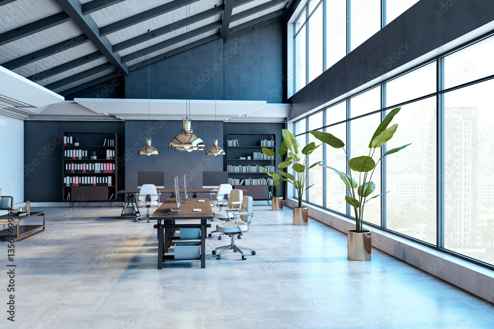 Poster Modern open-concept office with large windows and sleek furniture. 3D Rendering