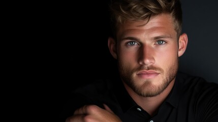 Obraz premium Close-up portrait of a young man with a serious expression. Well-lit face, dark background