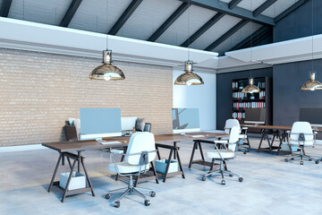 Modern open-plan office with industrial design, featuring spacious desks, ergonomic chairs, and stylish lighting in a contemporary workspace. 3D Rendering