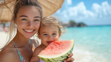 happy mother and baby girl eating watermelon at tropical beach on summer vacation